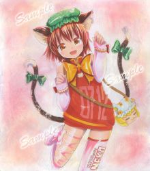 Rule 34 | 1girl, alternate costume, animal ears, bare shoulders, bow, brown hair, cat ears, cat girl, cat tail, chen, detached sleeves, earrings, english text, fangs, female focus, hat, jewelry, mayo riyo, multiple tails, open mouth, race queen, sample watermark, single earring, single thighhigh, smile, solo, tail, thighhighs, touhou, traditional media, watermark, white thighhighs, yakumo ran