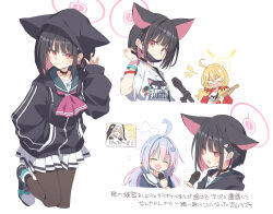 Rule 34 | 4girls, ahoge, animal ears, black hair, black jacket, black pantyhose, blonde hair, blue archive, blush, cat ears, closed eyes, closed mouth, colored inner hair, extra ears, grey hair, hair ornament, halo, highres, holding, holding microphone, hood, hood down, hood up, hooded jacket, jacket, kazusa (band) (blue archive), kazusa (blue archive), long hair, long sleeves, microphone, multicolored hair, multiple girls, music, official alternate costume, open clothes, open jacket, open mouth, pantyhose, pink hair, pink halo, pleated skirt, purple hair, purple halo, red eyes, red jacket, reisa (blue archive), sailor collar, sakurako (blue archive), satou kibi, shirt, shoes, short hair, short sleeves, simple background, singing, skirt, smile, star (symbol), star hair ornament, translation request, twintails, white background, white sailor collar, white shirt, white skirt, yellow halo, yoshimi (band) (blue archive), yoshimi (blue archive)
