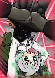 Rule 34 | 1girl, animal ears, ass, black pantyhose, blush, breasts, cat ears, cat tail, crotch, fliegerhammer, green eyes, highres, laser, military uniform, pantyhose, sanya v. litvyak, short hair, small breasts, solo, spread legs, strike suco, strike witches, striker unit, tail, uniform, weapon, white hair, world witches series