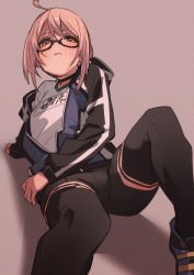 Rule 34 | 1girl, ahoge, artoria pendragon (fate), black-framed eyewear, black thighhighs, blonde hair, blush, fate/grand order, fate (series), fu-ta, glasses, jacket, looking at viewer, mysterious heroine x alter (fate), mysterious heroine x alter (second ascension) (fate), pink background, short hair, simple background, solo, thighhighs, yellow eyes