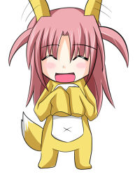 Rule 34 | 10s, animal ears, blush stickers, chibi, costume, closed eyes, fox tail, infinite stratos, nohotoke honne, open mouth, pink hair, short twintails, sleeves past wrists, smile, tail, twintails