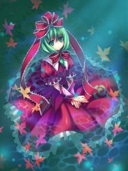 Rule 34 | 1girl, arm ribbon, bow, dress, expressionless, female focus, frills, front ponytail, green eyes, green hair, hair ribbon, kagiyama hina, leaf, looking up, matching hair/eyes, red dress, ribbon, rie (reverie), solo, touhou, v arms