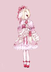 Rule 34 | 1girl, ascot, blonde hair, bow, dokuromaru, dress, earrings, frilled dress, frills, full body, hair over one eye, hairband, heart, heart earrings, holding, holding stuffed toy, idolmaster, idolmaster cinderella girls, jewelry, long sleeves, looking at viewer, pink background, pink bow, pink dress, red ascot, red bow, red eyes, red footwear, red ribbon, ribbon, shirasaka koume, shoes, short hair, simple background, sleeves past fingers, sleeves past wrists, solo, stuffed toy