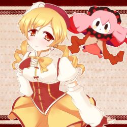 Rule 34 | 10s, 1girl, bad id, bad pixiv id, beret, blonde hair, breasts, charlotte (madoka magica), detached sleeves, drill hair, fingerless gloves, gloves, hair ornament, hand on own chest, hat, inanosuke, magical girl, mahou shoujo madoka magica, mahou shoujo madoka magica (anime), medium breasts, pleated skirt, puffy sleeves, skirt, smile, tomoe mami, yellow eyes