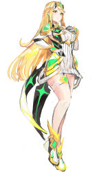 Rule 34 | 1girl, bare legs, bare shoulders, blonde hair, breasts, chest jewel, cleavage, cleavage cutout, clothing cutout, dress, earrings, elbow gloves, gem, gloves, headpiece, highres, jewelry, large breasts, long hair, mythra (xenoblade), short dress, simple background, solo, swept bangs, thigh strap, tiara, tim (a9243190a), very long hair, white background, white dress, white footwear, white gloves, xenoblade chronicles (series), xenoblade chronicles 2, yellow eyes