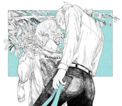Rule 34 | 2boys, belt, blue background, blue nails, blue theme, branch, commentary request, dress shirt, earrings, forehead-to-forehead, greyscale, greyscale with colored background, hand on another&#039;s head, heads together, highres, jewelry, kamomiland, long sleeves, male focus, missing limb, monochrome, multiple boys, nail polish, noses touching, original, pants, shirt, shirt tucked in, short hair, spot color, sweater, tied sleeves, yaoi