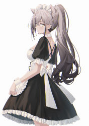 Rule 34 | 1girl, alternate costume, animal ears, apron, arknights, back bow, black dress, bow, breasts, cat ears, chinese commentary, choker, commentary request, cowboy shot, dress, enmaided, frilled apron, frills, grey eyes, hair between eyes, highres, large breasts, long hair, looking at viewer, maid, maid apron, maid headdress, partial commentary, ponytail, schwarz (arknights), silver hair, simple background, sin., solo, standing, very long hair, white apron, white background, white bow, white choker, wrist cuffs