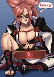 Rule 34 | 1girl, absurdres, amputee, arc system works, arcade stick, armor, baiken, big hair, black kimono, breasts, cleavage, controller, eyepatch, facial tattoo, game controller, greaves, guilty gear, guilty gear xrd, highres, japanese clothes, joystick, kataginu, kimono, large breasts, long hair, multicolored clothes, multicolored kimono, one-eyed, pink hair, ponytail, red eyes, sandals, scar, solo, tattoo, thought bubble, titobeansz, white kimono
