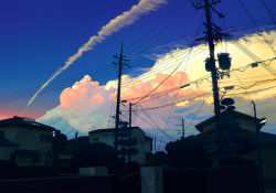 Rule 34 | city, cloud, contrail, dark, house, no humans, power lines, scenery, shijimi, sky