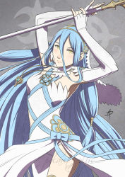 Rule 34 | 1girl, azura (fire emblem), blue hair, detached sleeves, fire emblem, fire emblem fates, jewelry, long hair, looking at viewer, necklace, nintendo, polarityplus, polearm, ribbon, solo, spear, upper body, veil, very long hair, weapon, yellow eyes