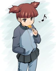 Rule 34 | 10s, 1girl, blue background, blunt bangs, brown eyes, candy, eating, emblem, food, food in mouth, girls und panzer, gradient background, hand in pocket, haniwa (leaf garden), highres, holding, holding food, jacket, keizoku (emblem), long sleeves, looking at viewer, mikko (girls und panzer), musical note, ooarai (emblem), pants, pants under skirt, pleated skirt, quaver, red hair, short hair, short twintails, skirt, solo, track jacket, track pants, translated, twintails, white background