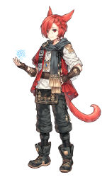 Rule 34 | 1boy, animal ears, belt buckle, black footwear, black pants, black scarf, boots, brown gloves, buckle, cat boy, cat ears, cat tail, commentary request, dated, facial mark, final fantasy, final fantasy xiv, fingerless gloves, fringe trim, from side, full body, g&#039;raha tia, gloves, hair ornament, hand on own hip, hand up, highres, jacket, jewelry, korean commentary, looking at viewer, male focus, miqo&#039;te, neck tattoo, pants, pendant, red eyes, red hair, red jacket, scarf, shirt, short hair, short ponytail, shoulder belt, signature, simple background, smile, solo, standing, swept bangs, tail, tattoo, white background, white shirt, wild5lee, x hair ornament