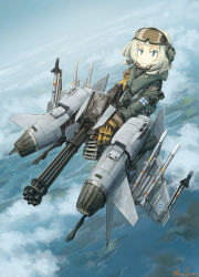 Rule 34 | 1girl, asterisk kome, blonde hair, blue eyes, commentary request, f-18, f-18 hornet, finnish air force, finnish flag, flag, flying, gatling gun, gloves, goggles, goggles on head, gun, highres, jacket, looking at viewer, mecha musume, minigun, missile, personification, smile, solo, thrusters, twitter username, weapon