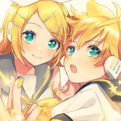 Rule 34 | + +, 1boy, 1girl, :o, aqua eyes, blonde hair, blush, bow, brother and sister, close-up, commentary, fingernails, hair bow, happy, headset, highres, holding hands, kagamine len, kagamine rin, looking at viewer, looking away, musical note, nail polish, open mouth, ribbon, sailor collar, shaded face, shinotarou (nagunaguex), short hair, siblings, simple background, smile, star (symbol), star in eye, symbol in eye, treble clef, twins, upper body, vocaloid, white background, white ribbon, yellow nails