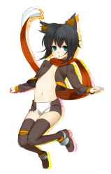 Rule 34 | 1girl, :o, animal ears, bad id, bad pixiv id, black hair, child, crop top, flat chest, green eyes, kiki (koba), midriff, navel, no bra, open clothes, open mouth, open shirt, original, outstretched arms, scarf, shirt, shoes, short hair, short shorts, shorts, solo, spread arms, suko mugi, thigh strap, thighhighs, zettai ryouiki