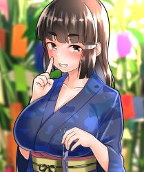 Rule 34 | 1girl, alternate costume, bamboo, blue kimono, blush, breasts, brown eyes, brown hair, cleavage, collarbone, commentary request, finger to mouth, furaggu (frag 0416), highres, holding tanzaku, japanese clothes, kantai collection, kimono, large breasts, long hair, looking at viewer, myoukou (kancolle), paper chain, print kimono, sash, smile, solo, tanabata, tanzaku, upper body, wide sleeves, yukata