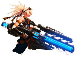 Rule 34 | 00s, 1girl, absurdres, armband, bare shoulders, belt, black ribbon, blonde hair, blue eyes, breasts, dress, dungeon and fighter, elbow gloves, energy gun, energy weapon, female gunner (dungeon and fighter), from side, gauntlets, gloves, goggles, goggles on head, gun, gunner (dungeon and fighter), hair ornament, hair ribbon, highres, holding, holding gun, holding weapon, jung wook choi, launcher (dungeon and fighter), long hair, looking away, nose, pink lips, ribbon, rifle, scope, sideways mouth, simple background, smile, sniper rifle, solo, standing, teeth, upper body, weapon, white background, white gloves