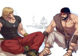 Rule 34 | 4boys, akuma (street fighter), bara, bare pectorals, black hair, black shirt, blonde hair, blood, blood on face, bruise, bruised eye, capcom, commentary request, covered abs, dougi, eye contact, facial hair, gouken, headband, injury, jacket, unworn jacket, ken masters, looking at another, male focus, mature male, multiple boys, muscular, muscular male, pants, pectorals, puckered lips, red pants, ryu (street fighter), sash, shirt, shoes, short hair, sitting, street fighter, street fighter 6, stubble, tight clothes, tight shirt, yuiofire