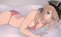 Rule 34 | 10s, 1girl, anchor hair ornament, aqua eyes, arm pillow, ass, bed sheet, bikini, blonde hair, blue eyes, breast press, breasts, cleavage, cowboy shot, hair between eyes, hair ornament, halterneck, hat, kantai collection, looking at viewer, lying, medium breasts, on bed, on stomach, parted lips, peaked cap, pink bikini, prinz eugen (kancolle), shade, sketch, solo, string bikini, swimsuit, twintails, untied bikini, youmak