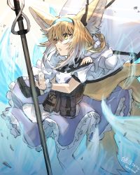 Rule 34 | absurdres, animal ears, arknights, bare shoulders, blonde hair, blue hairband, dress, fox ears, fox girl, fox tail, frilled dress, frills, hairband, highres, horn/wood, material growth, multiple tails, oripathy lesion (arknights), pantyhose, short hair, solo, staff, suzuran (arknights), tail, yellow eyes
