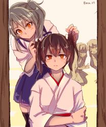 Rule 34 | 10s, 4girls, :/, akagi (kancolle), alternate hairstyle, blush, brown eyes, brown hair, closed eyes, hairband, japanese clothes, kaga (kancolle), kantai collection, kneeling, kouga (mutsumi), long hair, looking at another, multiple girls, orange eyes, partially colored, playing with another&#039;s hair, pleated skirt, ribbon, shoukaku (kancolle), side ponytail, skirt, sweatdrop, translation request, twintails, twitter username, very long hair, zuikaku (kancolle)