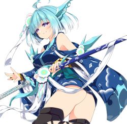 Rule 34 | 1girl, ahoge, aqua hair, ass, bare shoulders, blue eyes, blue kimono, blunt bangs, character request, closed mouth, clothing cutout, cowboy shot, flower, from below, from side, gradient hair, hair flower, hair ornament, headgear, holding, holding sword, holding weapon, japanese clothes, kanzashi, katana, kimono, light blush, looking at viewer, microskirt, multicolored hair, no panties, phantasy star, phantasy star online 2, print kimono, raised eyebrows, sakurame, short hair, short kimono, shoulder cutout, simple background, skirt, solo, sword, weapon, white background, wide sleeves
