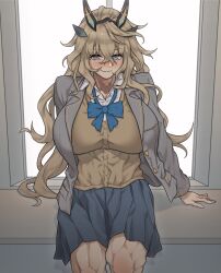Rule 34 | 1girl, absurdres, blonde hair, blue skirt, blush, bow, bowtie, breasts, collared shirt, crossed bangs, dress shirt, barghest (fate), fate/grand order, fate (series), green eyes, grey jacket, hair between eyes, highres, horns, huge breasts, jacket, long hair, long sleeves, looking at viewer, messy hair, muscular, muscular female, open clothes, open jacket, pleated skirt, shirt, skirt, smile, solo, sweater, thick thighs, thighs, wavy hair, white shirt, yamajee illust, yellow sweater