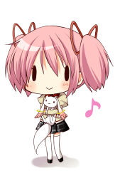 Rule 34 | 10s, 1girl, :3, bad id, bad pixiv id, chibi, hair ribbon, highres, kaname madoka, kyubey, mahou shoujo madoka magica, mahou shoujo madoka magica (anime), oumi neneha, pink hair, ribbon, short hair, short twintails, simple background, thighhighs, twintails, white background