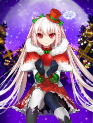 Rule 34 | 1girl, apple, bloodline, bow, christmas, dress, food, fruit, gloves, hat, iotower, jewelry, lilo (bloodline), long hair, moon, red eyes, red skirt, silver hair, skirt, snow, snowflakes, solo, vampire, windmill