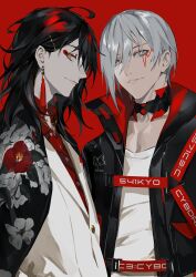 Rule 34 | 2boys, black hair, black jacket, brown eyes, closed mouth, collared shirt, comiket 101, commentary request, dress shirt, earrings, floral print, fulgur ovid, fulgur ovid (1st costume), grey eyes, grey hair, hair between eyes, highres, jacket, jewelry, lam (ramdayo), looking at viewer, multiple boys, nijisanji, nijisanji en, open clothes, open jacket, parted lips, red background, red shirt, shirt, simple background, smile, virtual youtuber, vox akuma, vox akuma (1st costume), white jacket, white shirt