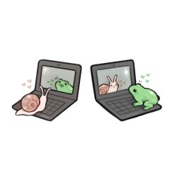 Rule 34 | :3, animal, animal focus, artist name, blush, commentary, computer, couple, english commentary, frog, heart, laptop, no humans, open mouth, original, simple background, snail, snail shell, solid circle eyes, spicymochi, video call, white background
