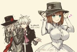 Rule 34 | 1girl, 2boys, :d, artist request, charles-henri sanson (fate), charlotte corday (fate), edmond dantes (fate), fate/grand order, fate (series), hat, multiple boys, open mouth, smile, white hair