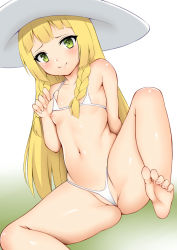 Rule 34 | 1girl, arm behind back, barefoot, bikini, blonde hair, braid, breasts, closed mouth, creatures (company), feet, game freak, green eyes, hat, lillie (pokemon), long hair, looking at viewer, micro bikini, navel, nintendo, nipples, pokemon, pokemon sm, side braid, simple background, sitting, small breasts, smile, soles, solo, swimsuit, toes, toshishikisai, twin braids, white background, white bikini, white hat
