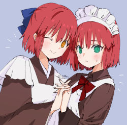 Rule 34 | 2girls, ;&gt;, apron, artist name, blue background, blue bow, blush, bow, bowtie, citron80citron, green eyes, hair bow, highres, hisui (tsukihime), holding hands, kohaku (tsukihime), looking at viewer, maid, maid apron, maid headdress, multiple girls, one eye closed, red bow, red bowtie, short hair, siblings, sisters, smile, sweatdrop, tsukihime, tsukihime (remake), upper body, wa maid, wide sleeves