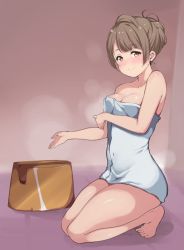 Rule 34 | 10s, 1girl, alp, bare legs, bare shoulders, barefoot, blush, breasts, brown eyes, cleavage, covered navel, grey hair, hair up, kneeling, looking at viewer, love live!, love live! school idol project, medium breasts, minami kotori, naked towel, outstretched hand, smile, solo, steam, stool, sukebe isu, thighs, towel, white towel