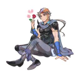 Rule 34 | 1boy, arm guards, armband, armor, bad id, bad pixiv id, blue cape, boots, breastplate, brown eyes, cape, collared shirt, final fantasy, final fantasy ii, flower, firion, full body, grey hair, grey pants, head scarf, holding, holding flower, knee pads, krudears, leg ribbon, low ponytail, male focus, multicolored clothes, multicolored headwear, muscular, muscular male, pants, red flower, red rose, ribbon, rose, shirt, short hair with long locks, shoulder armor, simple background, sitting, smile, solo, sparkle, white background