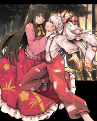 Rule 34 | 2girls, absurdres, bamboo, bamboo forest, black hair, blunt bangs, bow, closed mouth, collared shirt, forest, frilled skirt, frills, fujiwara no mokou, ginnkei, hair bow, highres, houraisan kaguya, japanese clothes, long hair, long sleeves, multiple girls, nature, open mouth, pants, pink eyes, pink shirt, red eyes, red pants, red skirt, shirt, skirt, suspenders, tears, touhou, white bow, white hair, white shirt, wide sleeves