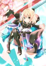 Rule 34 | 1girl, absurdres, ahoge, arm guards, black bow, black footwear, black scarf, blonde hair, boots, bow, brown eyes, closed mouth, commentary request, convenient leg, fate (series), full body, hair between eyes, hair bow, highres, hilamaru, holding, holding sheath, holding sword, holding weapon, japanese clothes, katana, kimono, knees up, koha-ace, long sleeves, looking at viewer, obi, okita souji (fate), okita souji (koha-ace), sash, scarf, sheath, solo, stirrup footwear, sword, thigh boots, unsheathing, weapon, white kimono, wide sleeves