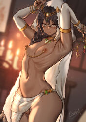 Rule 34 | 1boy, armpit crease, armpits, arms up, bangle, black hair, black nails, blurry, blurry background, blush, bracelet, braid, bridal gauntlets, circlet, dark-skinned male, dark skin, eyelashes, freckles, hair between eyes, half-closed eyes, highres, jewelry, light particles, looking at viewer, male focus, mole, mole on thigh, nail polish, narrow waist, navel, navel piercing, nipple piercing, nipples, nude, ommentary request, ono itaru, original, pectorals, piercing, revealing clothes, ribs, sidelighting, signature, single braid, solo, sparkle, standing, stomach, tan, testicles, thick thighs, thighs, topless male, trap, white veil