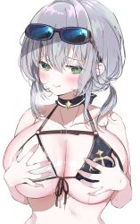 Rule 34 | 1girl, :p, bikini, blush, breasts, choker, collarbone, eyewear on head, front-tie top, grabbing own breast, green eyes, highres, hololive, large breasts, looking at viewer, low ponytail, niku (hamuchang), no mole, shirogane noel, shirogane noel (summer 2020), short hair, short ponytail, silver hair, simple background, smile, solo, sunglasses, sweat, swimsuit, tongue, tongue out, virtual youtuber, white background