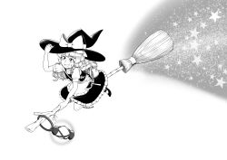 Rule 34 | 1girl, absurdres, apron, axe, bag, bow, broom, broom riding, frilled skirt, frills, giantcavemushroom, grin, hat, hat bow, highres, holding, holding clothes, holding hat, kirisame marisa, lamp, long hair, mary janes, monochrome, puffy short sleeves, puffy sleeves, shoes, short sleeves, shoulder bag, skirt, smile, solo, star (symbol), touhou, vest, waist apron, witch hat