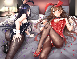 Rule 34 | 2girls, animal ears, ass, bare shoulders, bed, black bow, black bowtie, black footwear, black hair, black leotard, blue eyes, blush, bow, bowtie, breasts, brown hair, brown pantyhose, cleavage, closed mouth, detached collar, fake animal ears, fake tail, feet, fishnet pantyhose, fishnets, fuyushima enishi, hand on own ass, harumachi hashira, high heels, highres, holding, holding riding crop, indoors, lamp, large breasts, leotard, long hair, looking at viewer, lying, multiple girls, on back, on bed, pantyhose, pillow, playboy bunny, rabbit ears, rabbit tail, red bow, red bowtie, red footwear, riding crop, sahara386, sex and dungeon, side-tie leotard, small breasts, stiletto heels, strapless, strapless leotard, tail, thighs, traditional bowtie, white wrist cuffs, wrist cuffs, yellow eyes