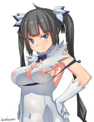 Rule 34 | (mitsukidou), 10s, 1girl, :t, areola slip, black hair, blue eyes, breasts, cleavage, covered erect nipples, covered navel, dungeon ni deai wo motomeru no wa machigatteiru darou ka, gloves, hair ribbon, hand on own hip, hestia (danmachi), highres, large breasts, long hair, mizusane, mizusane (mitsukidou), nipples, pout, rei no himo, ribbon, see-through, simple background, solo, twintails, twitter username, white background, white gloves