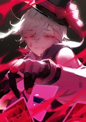 Rule 34 | 1boy, :d, black hat, card, genshin impact, grin, hair between eyes, hat, highres, looking at viewer, lyney (genshin impact), male focus, open mouth, playing card, red eyes, roikona, short hair, smile, solo, teardrop facial mark, teardrop tattoo, top hat, two-tone gloves, upper body, white hair