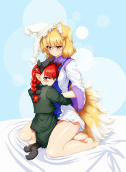 Rule 34 | 2girls, animal ears, barefoot, blonde hair, blush, bow, breasts, cat ears, cat tail, extra ears, fox ears, fox tail, hair bow, hat, hug, kaenbyou rin, large breasts, long hair, looking at viewer, mizuga, multiple girls, multiple tails, pointy ears, red eyes, red hair, revision, short hair, smile, straddling, tail, touhou, upright straddle, yakumo ran, yellow eyes, yuri