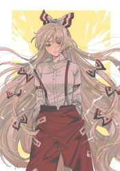 Rule 34 | 1girl, bow, closed mouth, collared shirt, commentary request, feet out of frame, fujiwara no mokou, grey hair, hair bow, hands in pockets, highres, long hair, long sleeves, looking at viewer, noriuma, ofuda, ofuda on clothes, pants, red bow, red eyes, red pants, shirt, solo, suspenders, suspenders slip, touhou, two-tone bow, very long hair, white bow, white shirt