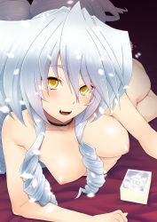 Rule 34 | 1girl, big hair, blush, breasts, drill hair, highres, kyoukaisenjou no horizon, long hair, looking back, lying, nate mitotsudaira, nipples, nude, on stomach, open mouth, silver hair, solo, tomatto (@ma!), very long hair, yellow eyes