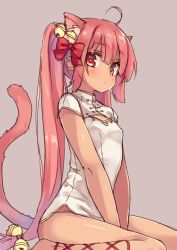 Rule 34 | 1girl, ahoge, animal ears, bare legs, barefoot, bell, between legs, blush, bow, breasts, cat ears, cat tail, china dress, chinese clothes, closed mouth, dress, enjin-san (ekon), eyebrows, grey background, hair bell, hair bow, hair ornament, hand between legs, long hair, long twintails, looking at viewer, mokoke, pink hair, red bow, red eyes, short sleeves, simple background, sitting, small breasts, solo, tail, very long hair, wariza