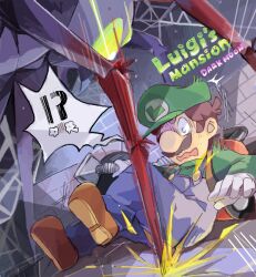 Rule 34 | !?, 1boy, 1other, blue eyes, blue overalls, brown footwear, brown hair, bug, crying, crying with eyes open, facial hair, gloves, green headwear, green shirt, hat, kayako (bimabima), luigi, luigi&#039;s mansion, luigi&#039;s mansion: dark moon, luigi&#039;s mansion dark moon, mario (series), mustache, nintendo, overalls, poltergust 5000, shirt, spider, spider queen (luigi&#039;s mansion), tears, white gloves