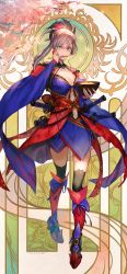Rule 34 | 1girl, absurdres, asymmetrical hair, bare shoulders, black thighhighs, blue eyes, blue kimono, bowl, breasts, chopsticks, chopsticks in mouth, cleavage, clothing cutout, detached sleeves, earrings, fate/grand order, fate (series), flag print, food, full body, hair ornament, high heels, highres, holding, holding bowl, japanese clothes, jewelry, katana, kimono, large breasts, leaf print, long hair, looking at viewer, magatama, maple leaf print, miyamoto musashi (fate), miyamoto musashi (third ascension) (fate), multiple swords, navel, navel cutout, noodles, obi, ponytail, ramen, revision, sash, sheath, sheathed, shin guards, silver hair, single sidelock, sleeveless, sleeveless kimono, solo, swept bangs, sword, tamayai, thighhighs, thighs, weapon, wide sleeves